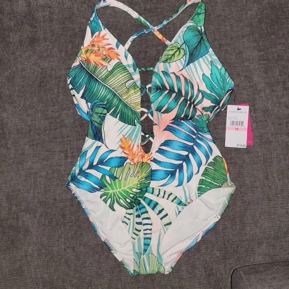 Vince Camuto Women' Strappy white floral Plunging V-Neck One Piece Swims…